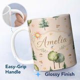 Personalized Custom Name Watercolor Forest Trees Mushrooms Sun Moon Stars Seamless Pattern 11oz Ceramic Coffee Tea Mug White Large Handle