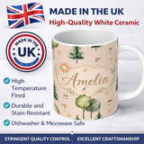 Personalized Custom Name Watercolor Forest Trees Mushrooms Sun Moon Stars Seamless Pattern 11oz Ceramic Coffee Tea Mug White Large Handle