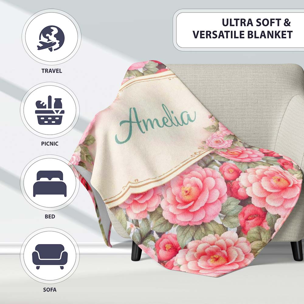 Watercolor Pink Camellia Floral Seamless Pattern Cute Unique Gift  Personalised Custom Name Super Soft Fleece Blanket Bed Sofa Throw