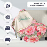 Watercolor Pink Camellia Floral Seamless Pattern Cute Unique Gift  Personalised Custom Name Super Soft Fleece Blanket Bed Sofa Throw