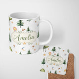 Personalized Custom Name Watercolor Forest Trees Mushrooms Sun Moon Stars Seamless Pattern 11oz Ceramic Coffee Tea Mug White Large Handle