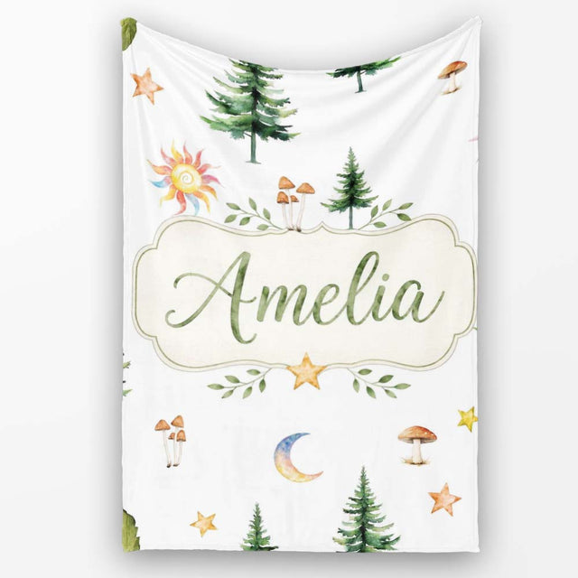 Watercolor Forest Trees Mushrooms Sun Moon Stars Seamless Pattern  Personalised Custom Name Super Soft Fleece Blanket Bed Sofa Throw
