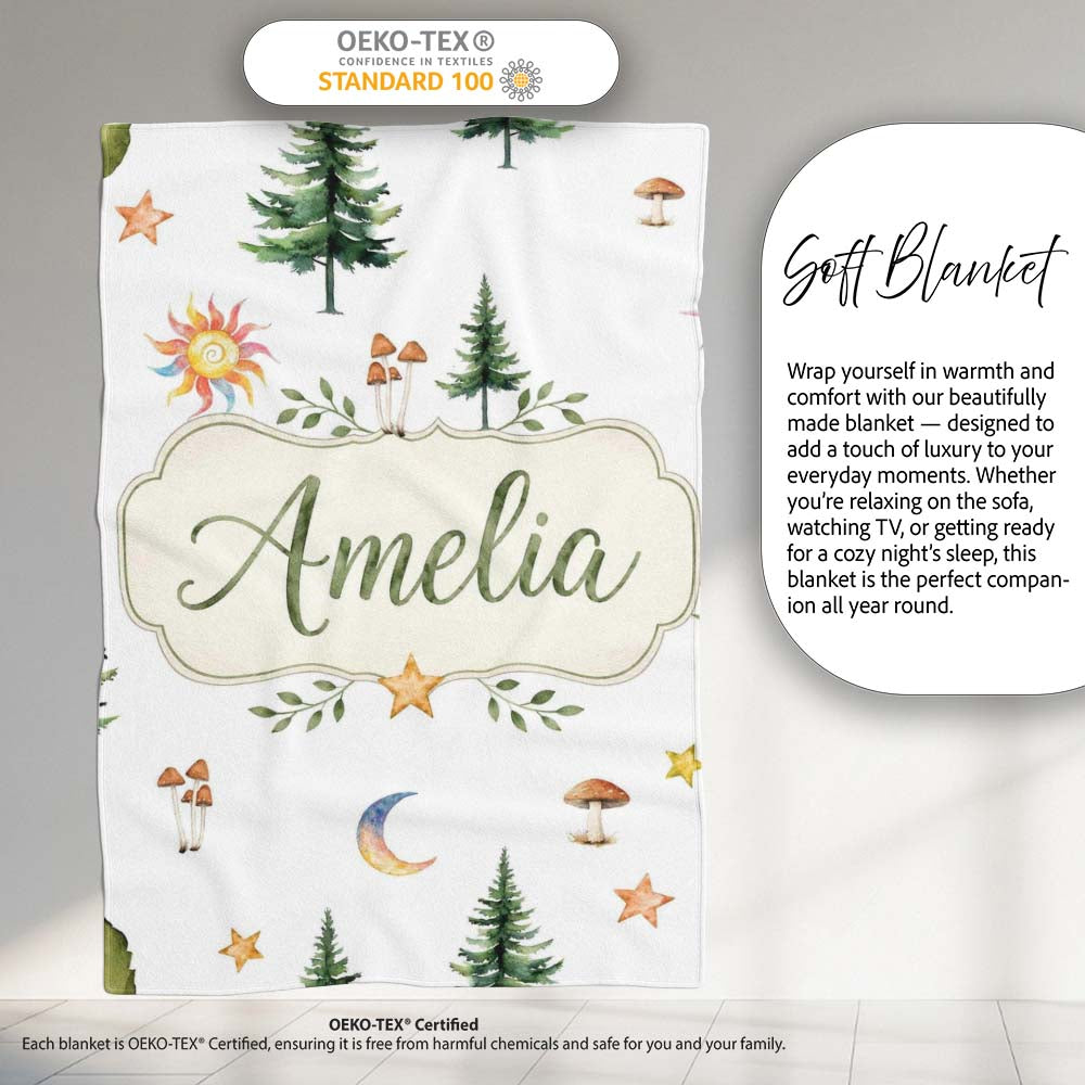 Watercolor Forest Trees Mushrooms Sun Moon Stars Seamless Pattern  Personalised Custom Name Super Soft Fleece Blanket Bed Sofa Throw