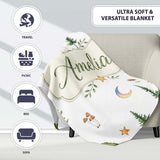 Watercolor Forest Trees Mushrooms Sun Moon Stars Seamless Pattern  Personalised Custom Name Super Soft Fleece Blanket Bed Sofa Throw