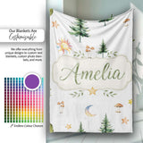 Watercolor Forest Trees Mushrooms Sun Moon Stars Seamless Pattern  Personalised Custom Name Super Soft Fleece Blanket Bed Sofa Throw
