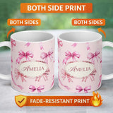 Personalized Custom Name Watercolor Pink Ribbon Bows Soft Blush Background Seamless Pattern 11oz Ceramic Coffee Tea Mug White Large Handle
