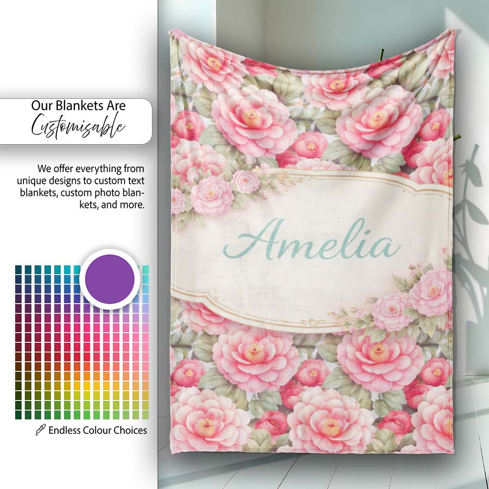 Watercolor Pink Camellia Floral Seamless Pattern Cute Unique Gift  Personalised Custom Name Super Soft Fleece Blanket Bed Sofa Throw