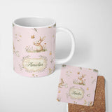 Personalized Custom Name Cute Bunny Rabbit Butterfly Floral Meadow Seamless Pattern Pink 11oz Ceramic Coffee Tea Mug White Large Handle