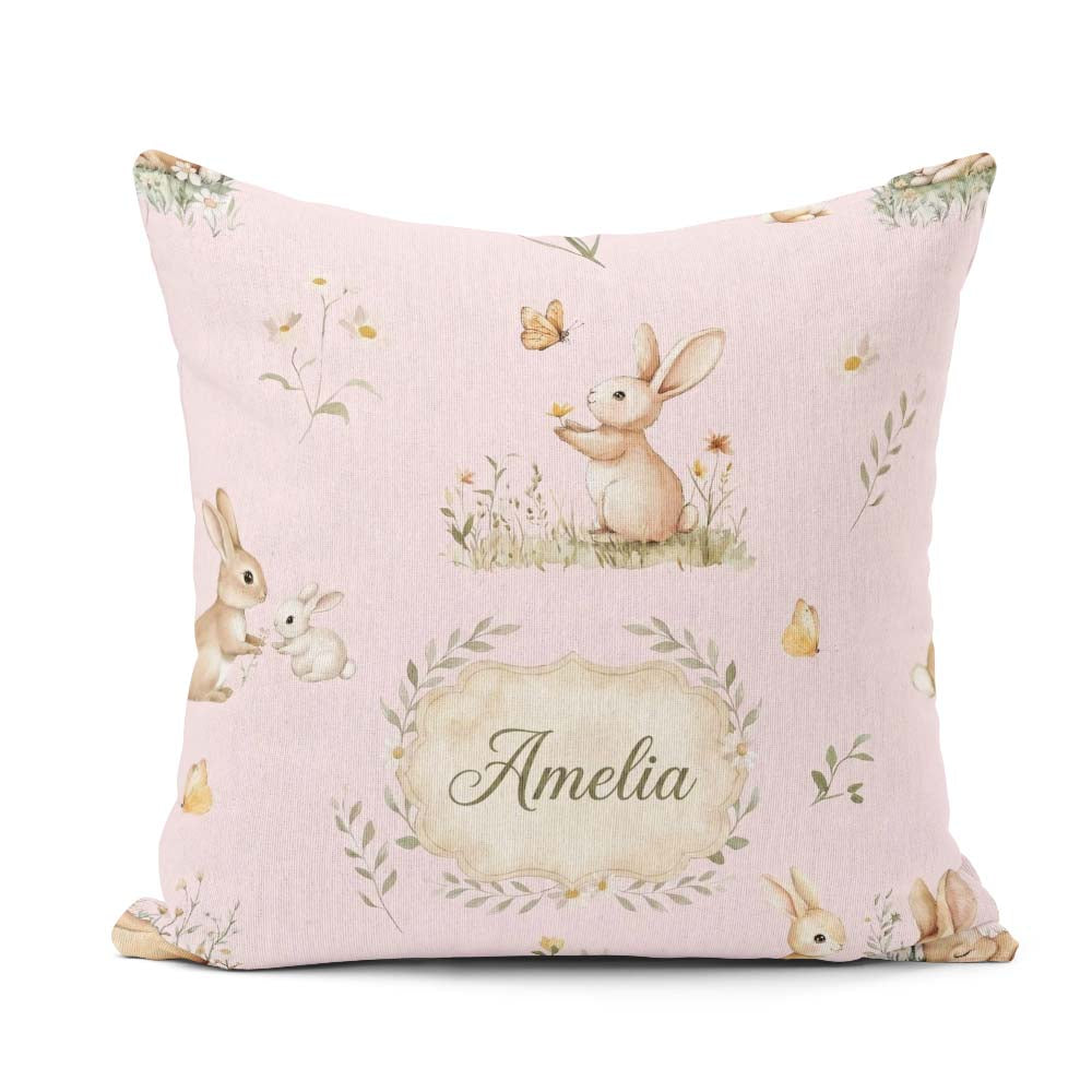 Custom Name Rabbit Butterfly Floral Meadow Seamless Pattern Pink Square Filled Cushion Throw Pillow Sofa Bed Home Decor Zip Washable UK Made