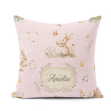 Custom Name Rabbit Butterfly Floral Meadow Seamless Pattern Pink Square Filled Cushion Throw Pillow Sofa Bed Home Decor Zip Washable UK Made