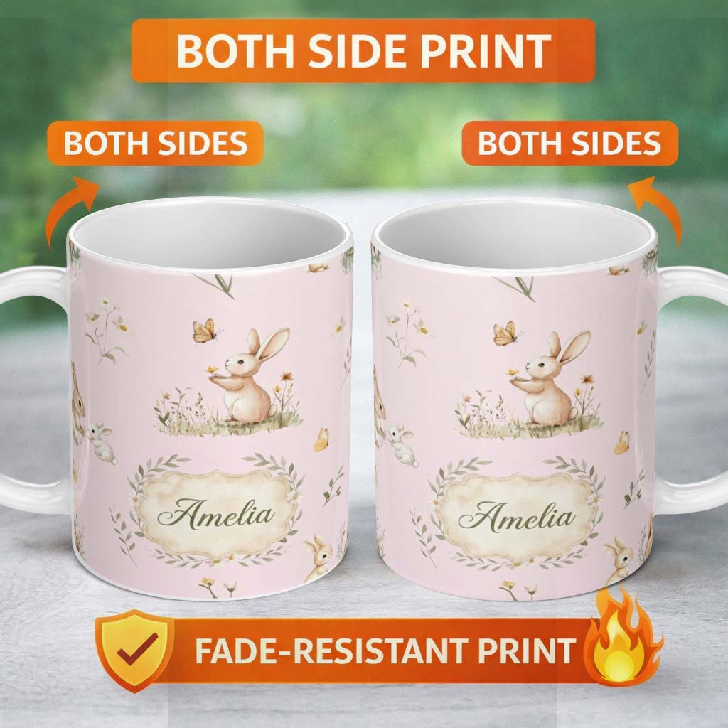 Personalized Custom Name Cute Bunny Rabbit Butterfly Floral Meadow Seamless Pattern Pink 11oz Ceramic Coffee Tea Mug White Large Handle