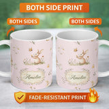Personalized Custom Name Cute Bunny Rabbit Butterfly Floral Meadow Seamless Pattern Pink 11oz Ceramic Coffee Tea Mug White Large Handle