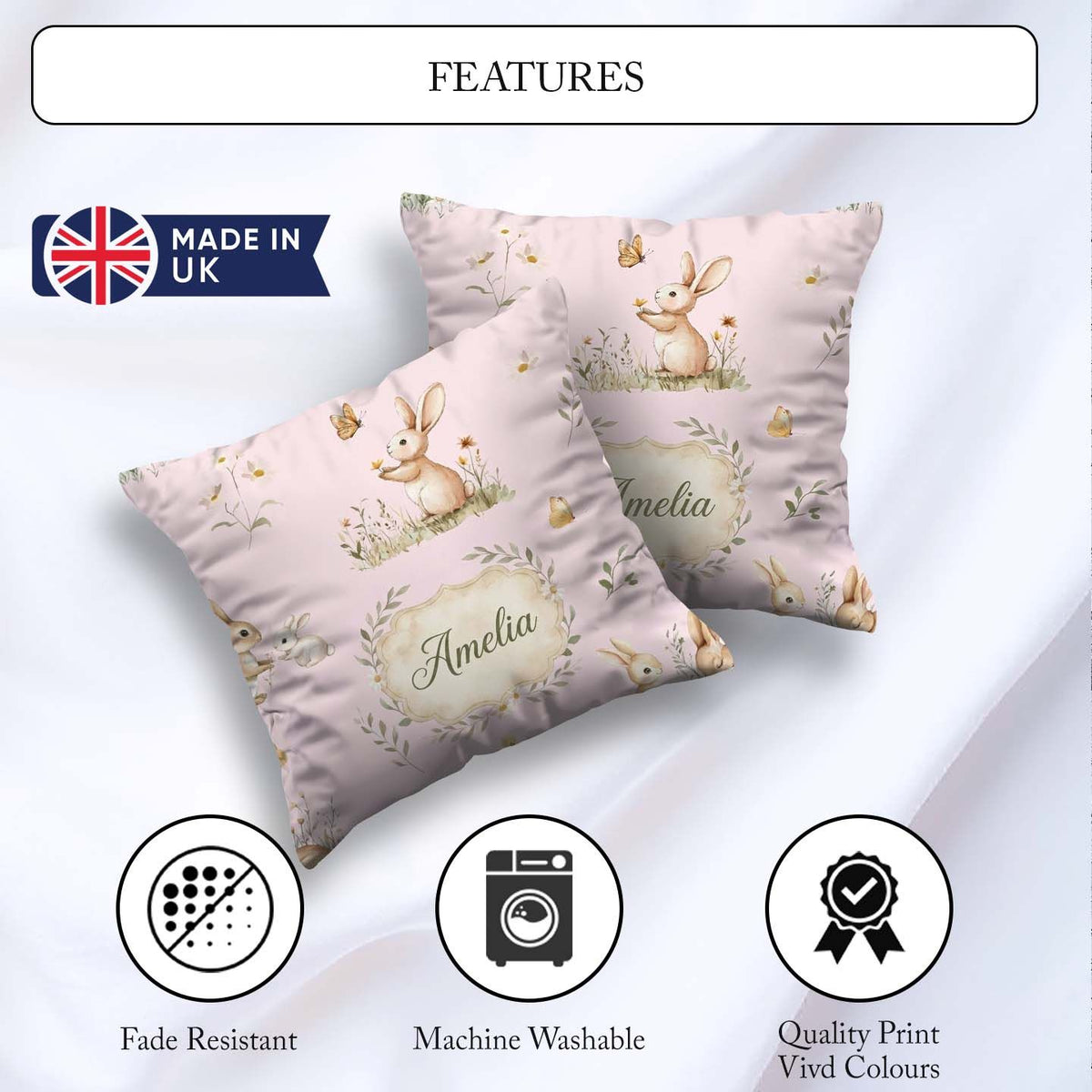 Custom Name Rabbit Butterfly Floral Meadow Seamless Pattern Pink Square Filled Cushion Throw Pillow Sofa Bed Home Decor Zip Washable UK Made