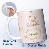 Personalized Custom Name Cute Bunny Rabbit Butterfly Floral Meadow Seamless Pattern Pink 11oz Ceramic Coffee Tea Mug White Large Handle