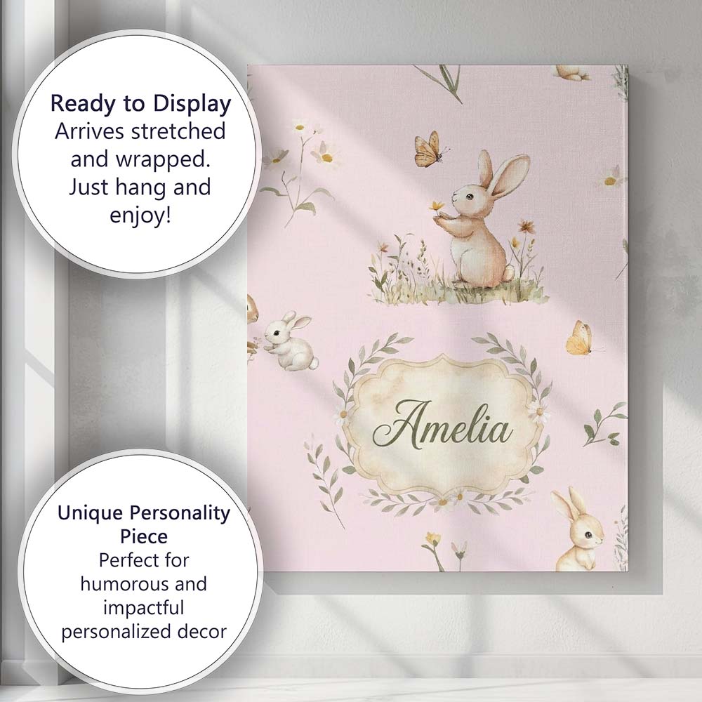 Personalised Name Cute Bunny Rabbit Butterfly Custom Unique Gift Idea Modern Room Accent Canvas Wall Art Print Decor Picture Ready to Hang