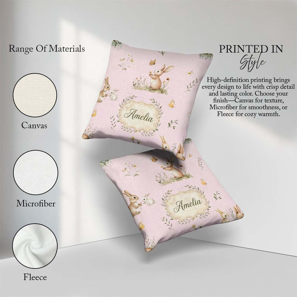 Custom Name Rabbit Butterfly Floral Meadow Seamless Pattern Pink Square Filled Cushion Throw Pillow Sofa Bed Home Decor Zip Washable UK Made