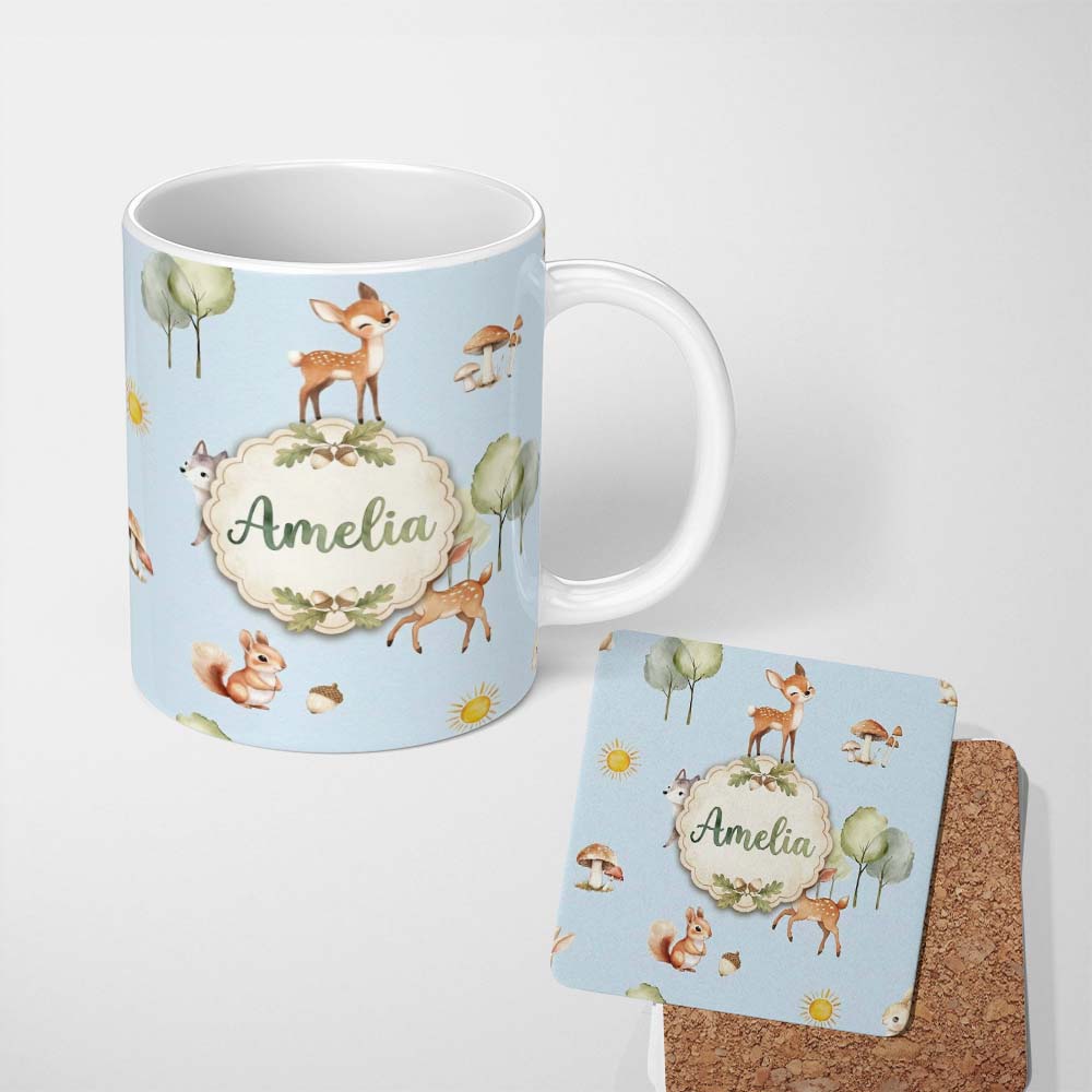 Personalized Custom Name Woodland Deer Fox Squirrel Mushroom Forest Seamless Pattern Blue 11oz Ceramic Coffee Tea Mug White Large Handle