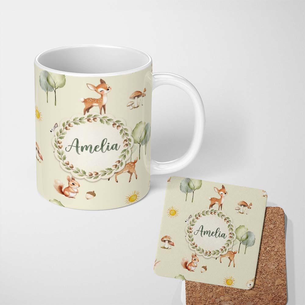 Personalized Custom Name Woodland Deer Fox Squirrel Mushroom Forest Seamless Pattern Cream 11oz Ceramic Coffee Tea Mug White Large Handle