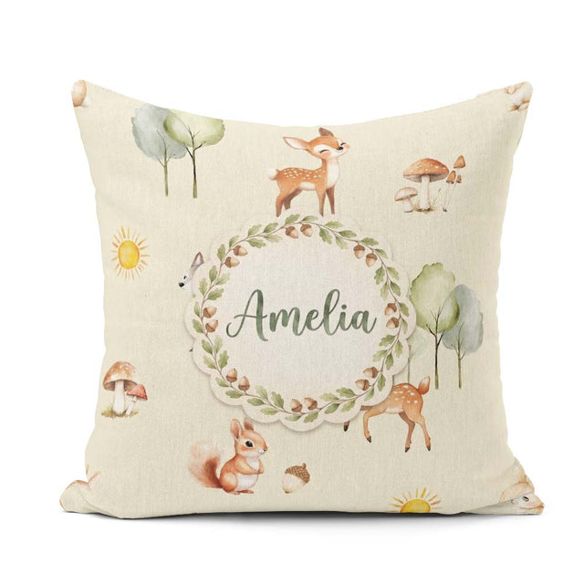 Custom Name Woodland Deer Fox Squirrel Mushroom Seamless Pattern Square Filled Cushion Throw Pillow Sofa Bed Home Decor Zip Washable UK Made