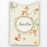 Woodland Deer Fox Squirrel Mushroom Forest Seamless Pattern Cream  Personalised Custom Name Super Soft Fleece Blanket Bed Sofa Throw