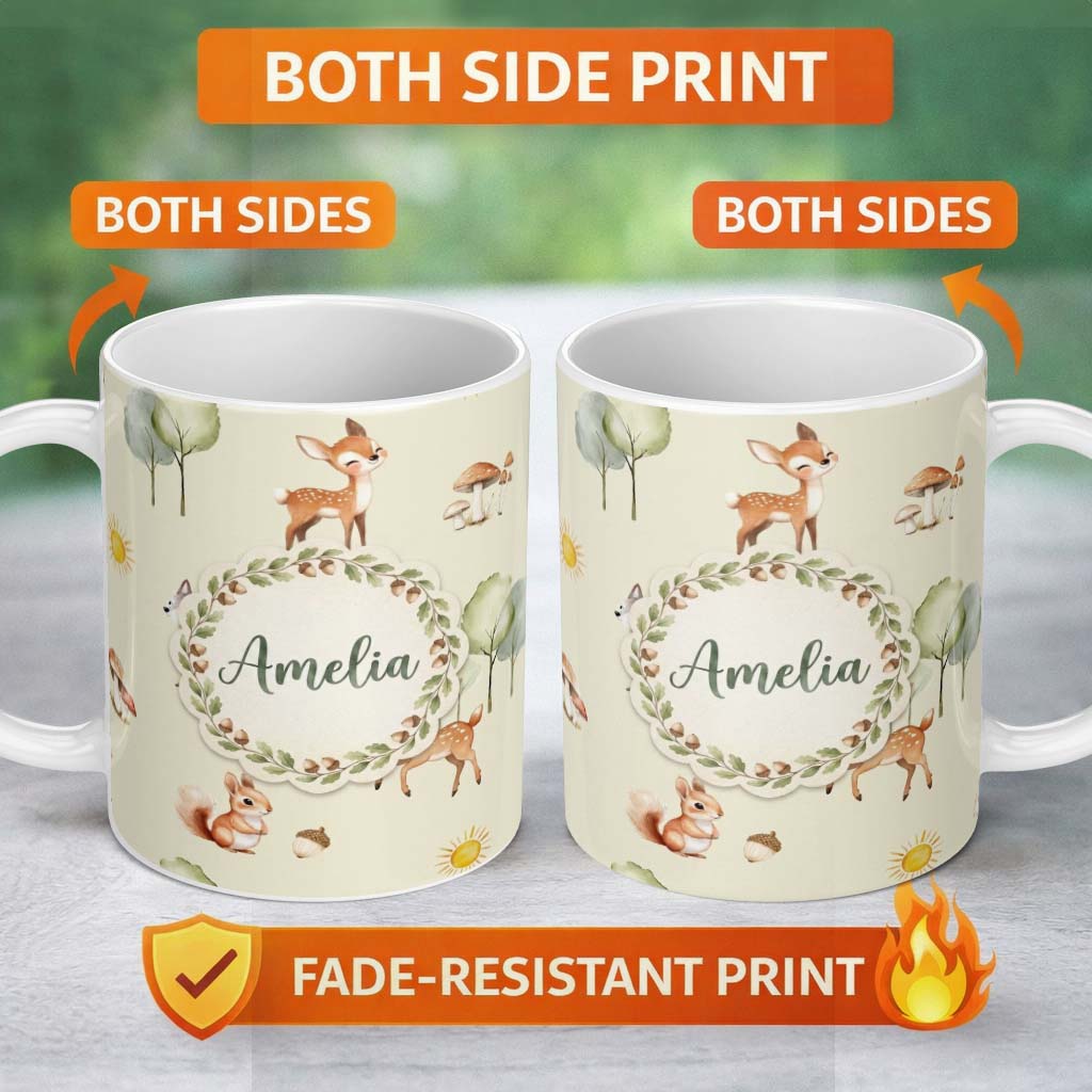 Personalized Custom Name Woodland Deer Fox Squirrel Mushroom Forest Seamless Pattern Cream 11oz Ceramic Coffee Tea Mug White Large Handle
