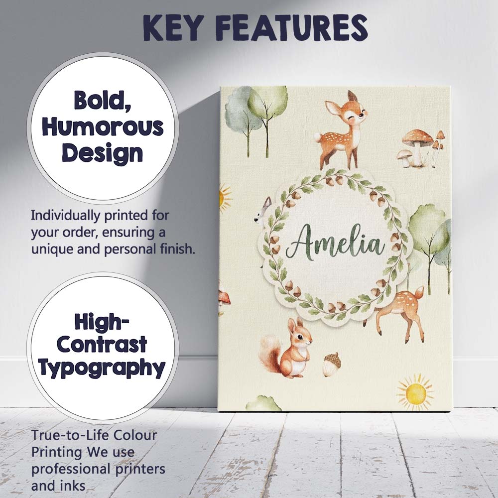 Personalised Name Woodland Deer Fox Squirrel Custom Bespoke  Contemporary Display Canvas Wall Art Print Decor Picture Ready to Hang