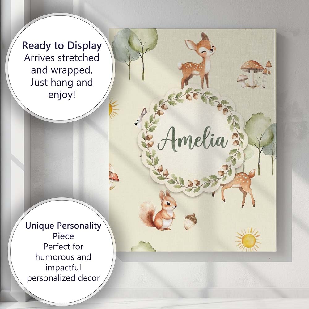 Personalised Name Woodland Deer Fox Squirrel Custom Bespoke  Contemporary Display Canvas Wall Art Print Decor Picture Ready to Hang