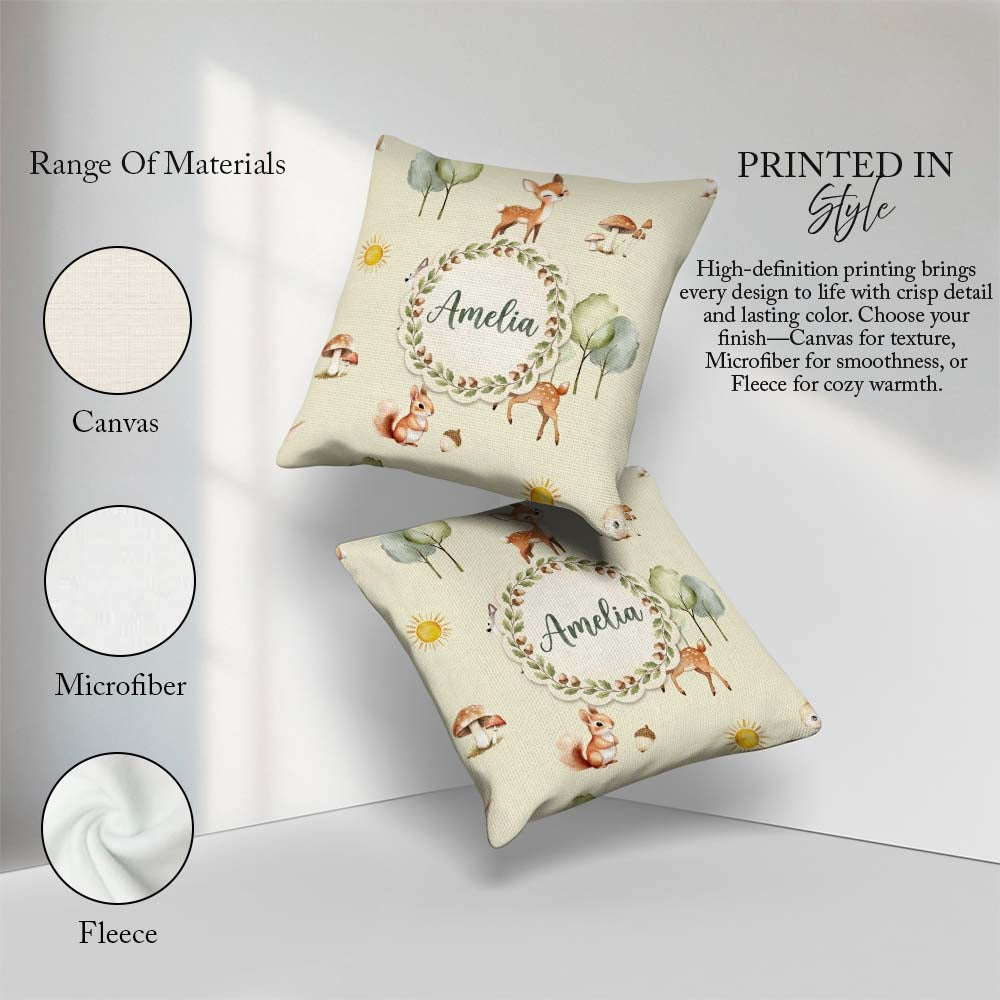 Custom Name Woodland Deer Fox Squirrel Mushroom Seamless Pattern Square Filled Cushion Throw Pillow Sofa Bed Home Decor Zip Washable UK Made
