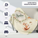 Woodland Deer Fox Squirrel Mushroom Forest Seamless Pattern Cream  Personalised Custom Name Super Soft Fleece Blanket Bed Sofa Throw