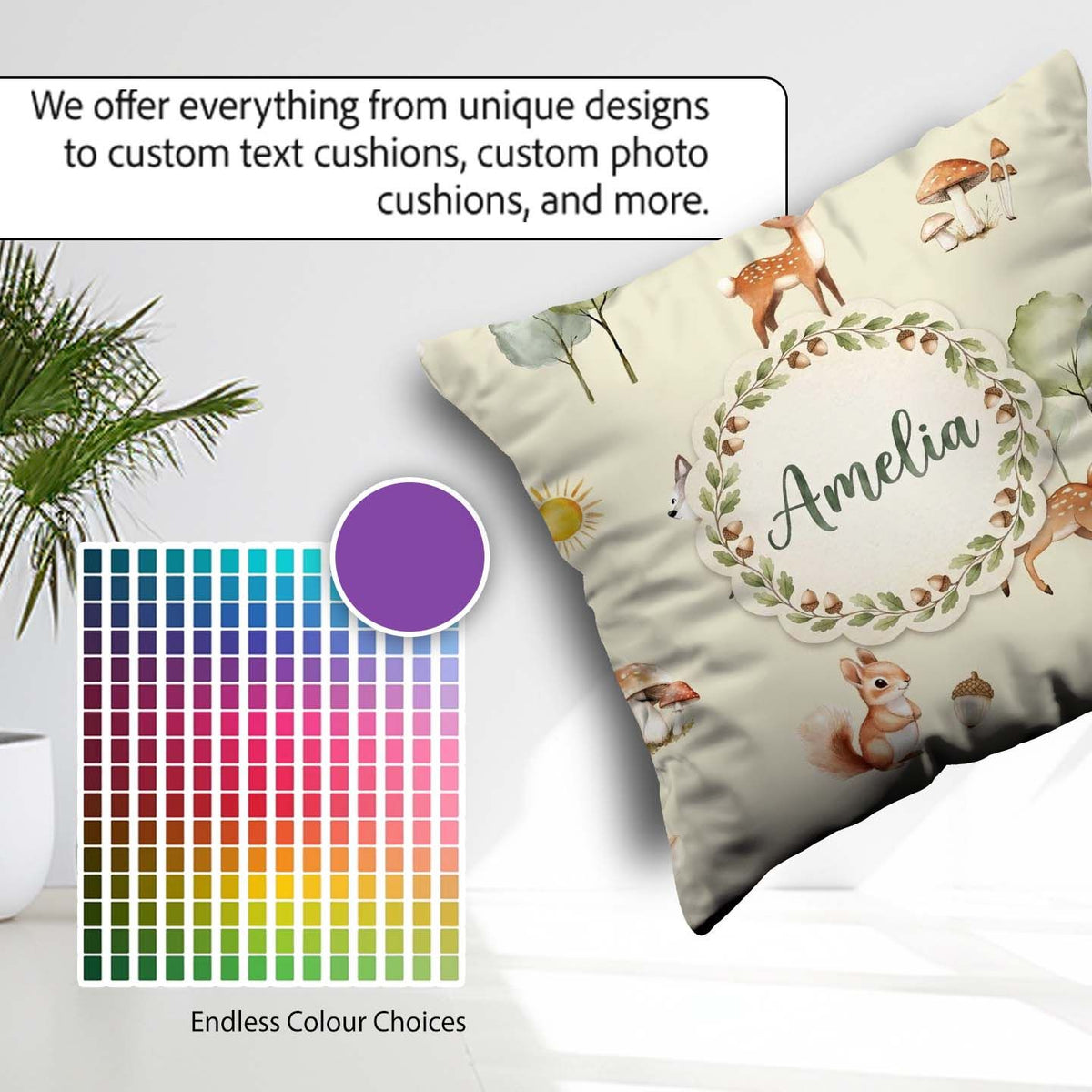 Custom Name Woodland Deer Fox Squirrel Mushroom Seamless Pattern Square Filled Cushion Throw Pillow Sofa Bed Home Decor Zip Washable UK Made