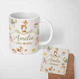 Personalized Custom Name Woodland Deer Fox Squirrel Mushroom Forest Seamless Pattern Light 11oz Ceramic Coffee Tea Mug White Large Handle