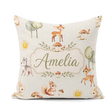 Custom Name Woodland Deer Fox Squirrel Mushroom Seamless Pattern Square Filled Cushion Throw Pillow Sofa Bed Home Decor Zip Washable UK Made