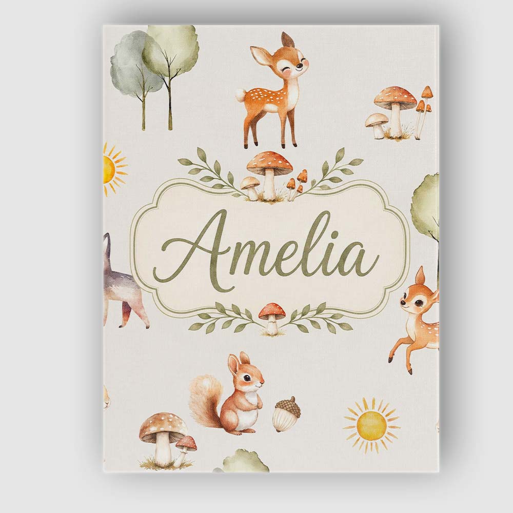 Personalised Name Woodland Deer Fox Squirrel Custom Bespoke  Contemporary Display Canvas Wall Art Print Decor Picture Ready to Hang