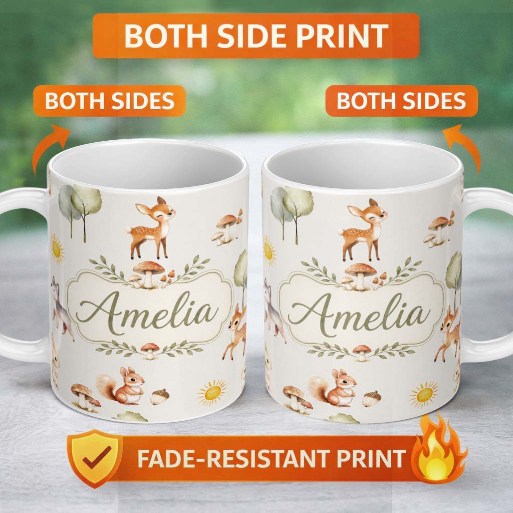 Personalized Custom Name Woodland Deer Fox Squirrel Mushroom Forest Seamless Pattern Light 11oz Ceramic Coffee Tea Mug White Large Handle