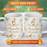 Personalized Custom Name Woodland Deer Fox Squirrel Mushroom Forest Seamless Pattern Light 11oz Ceramic Coffee Tea Mug White Large Handle