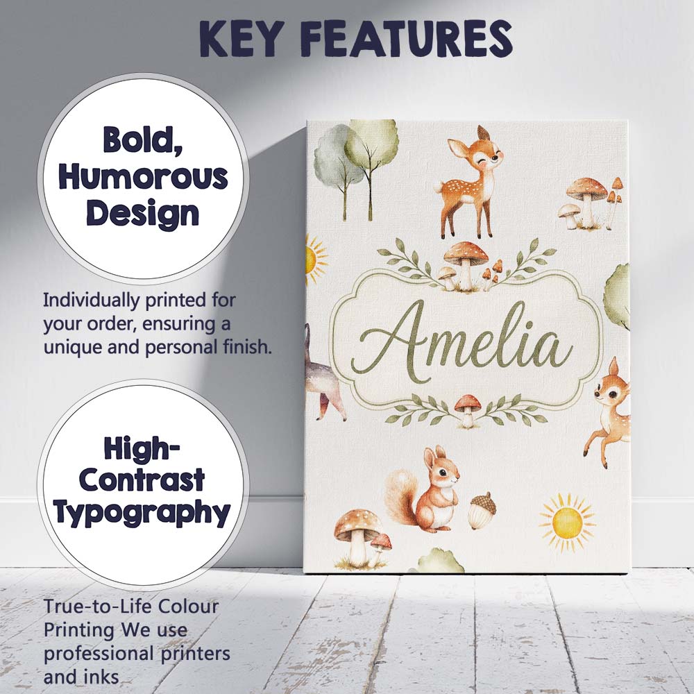 Personalised Name Woodland Deer Fox Squirrel Custom Bespoke  Contemporary Display Canvas Wall Art Print Decor Picture Ready to Hang