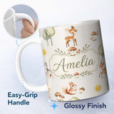 Personalized Custom Name Woodland Deer Fox Squirrel Mushroom Forest Seamless Pattern Light 11oz Ceramic Coffee Tea Mug White Large Handle