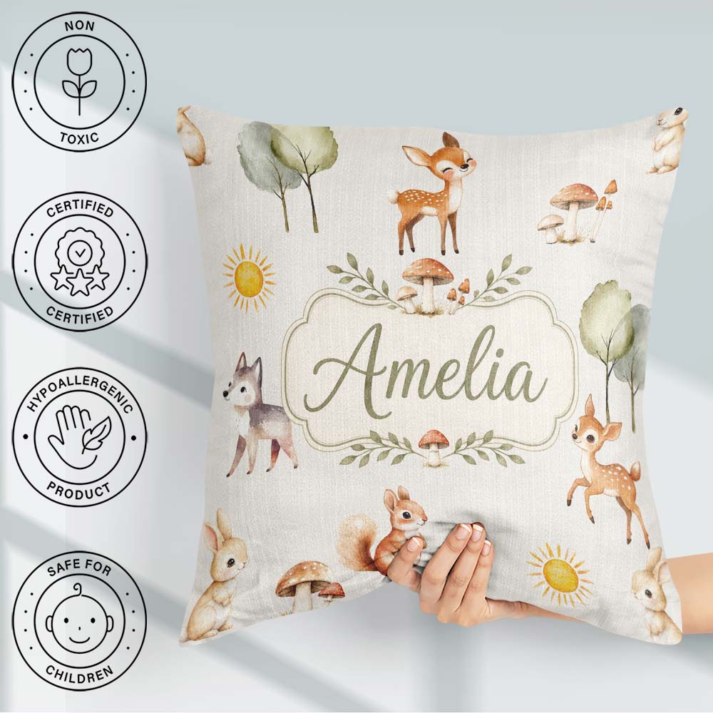 Custom Name Woodland Deer Fox Squirrel Mushroom Seamless Pattern Square Filled Cushion Throw Pillow Sofa Bed Home Decor Zip Washable UK Made