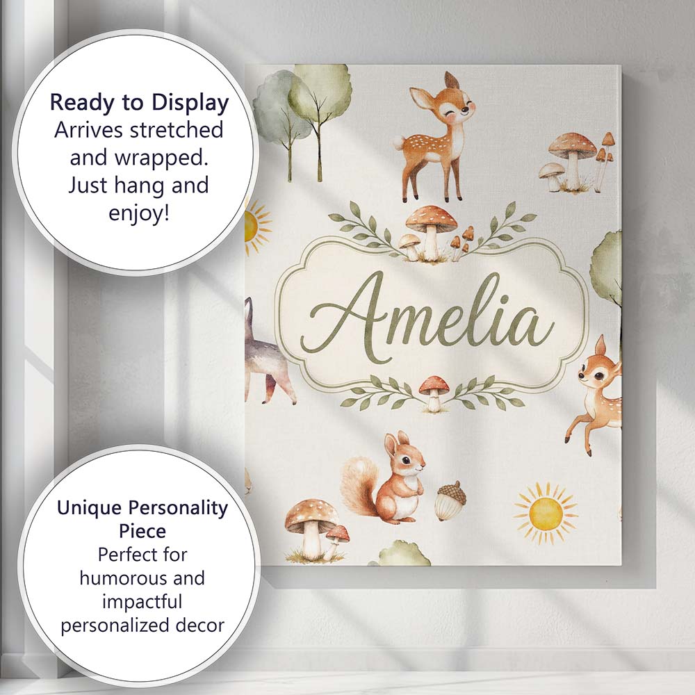 Personalised Name Woodland Deer Fox Squirrel Custom Bespoke  Contemporary Display Canvas Wall Art Print Decor Picture Ready to Hang