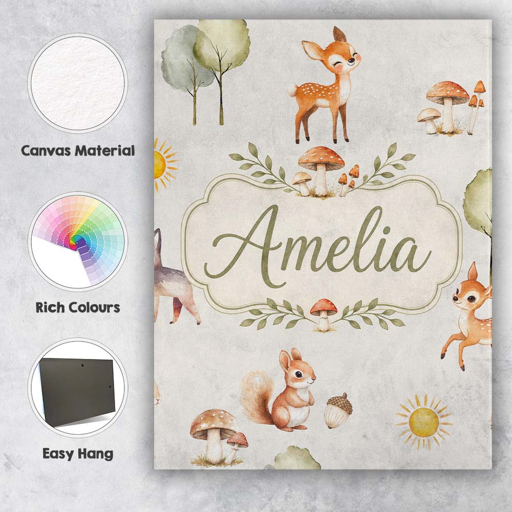 Personalised Name Woodland Deer Fox Squirrel Custom Bespoke  Contemporary Display Canvas Wall Art Print Decor Picture Ready to Hang