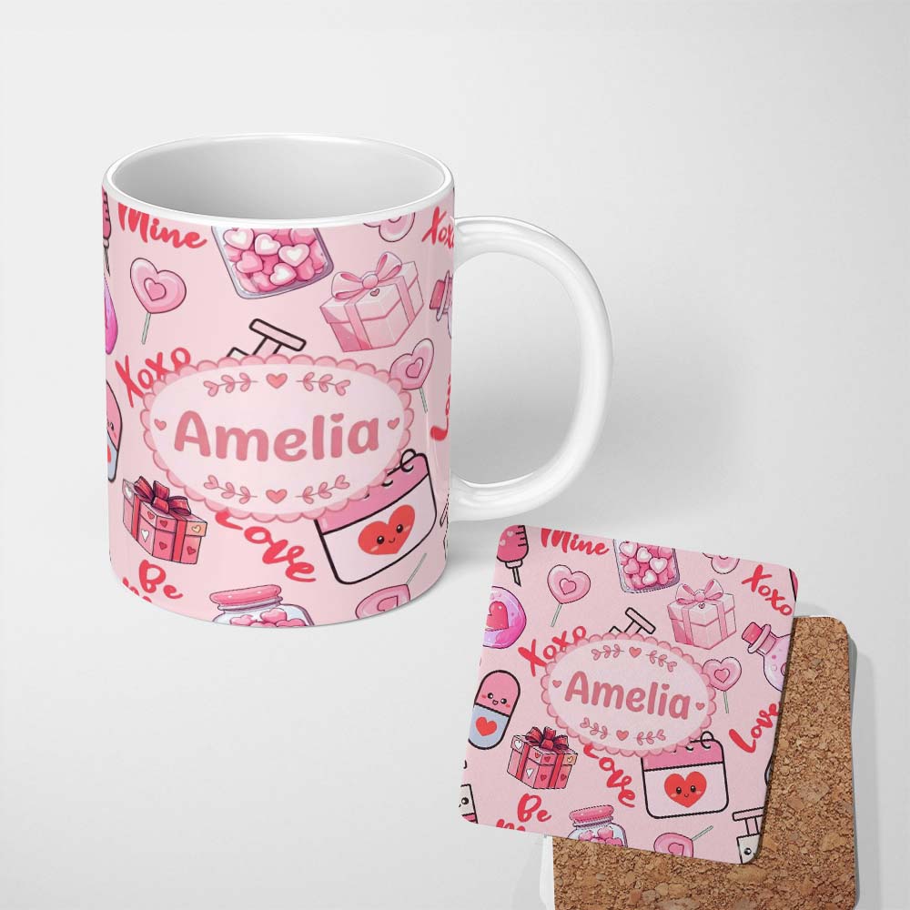 Personalized Custom Name Cute Kawaii Valentine Love Hearts Syringe Gift Calendar Beige Lovely 11oz Ceramic Coffee Tea Mug White Large Handle