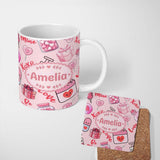 Personalized Custom Name Cute Kawaii Valentine Love Hearts Syringe Gift Calendar Beige Lovely 11oz Ceramic Coffee Tea Mug White Large Handle