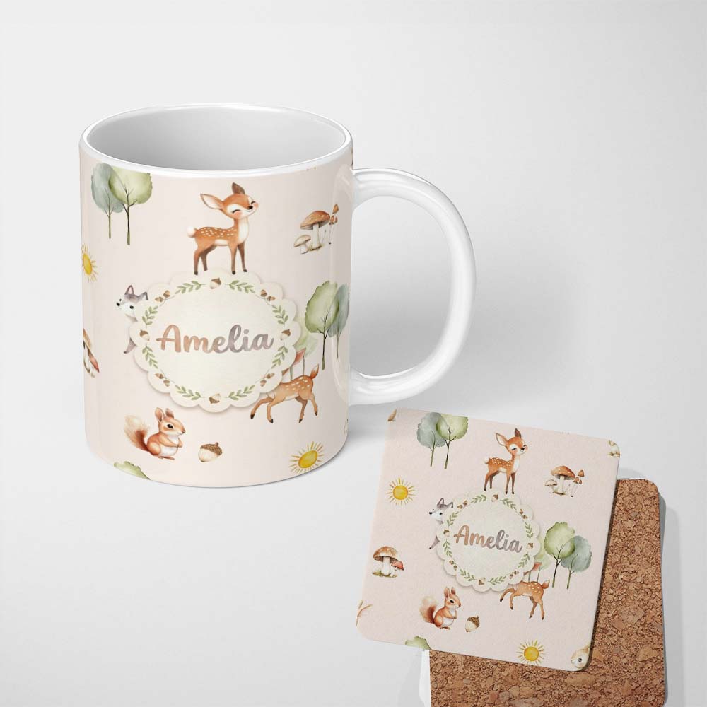 Personalized Custom Name Woodland Deer Fox Squirrel Mushroom Forest Seamless Pattern Beige 11oz Ceramic Coffee Tea Mug White Large Handle