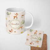 Personalized Custom Name Woodland Deer Fox Squirrel Mushroom Forest Seamless Pattern Beige 11oz Ceramic Coffee Tea Mug White Large Handle