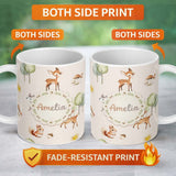 Personalized Custom Name Woodland Deer Fox Squirrel Mushroom Forest Seamless Pattern Beige 11oz Ceramic Coffee Tea Mug White Large Handle