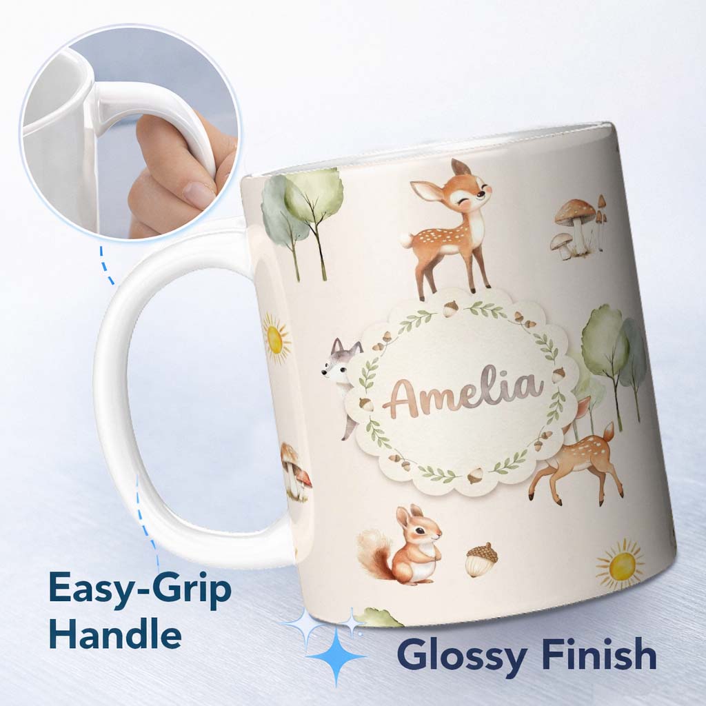Personalized Custom Name Woodland Deer Fox Squirrel Mushroom Forest Seamless Pattern Beige 11oz Ceramic Coffee Tea Mug White Large Handle
