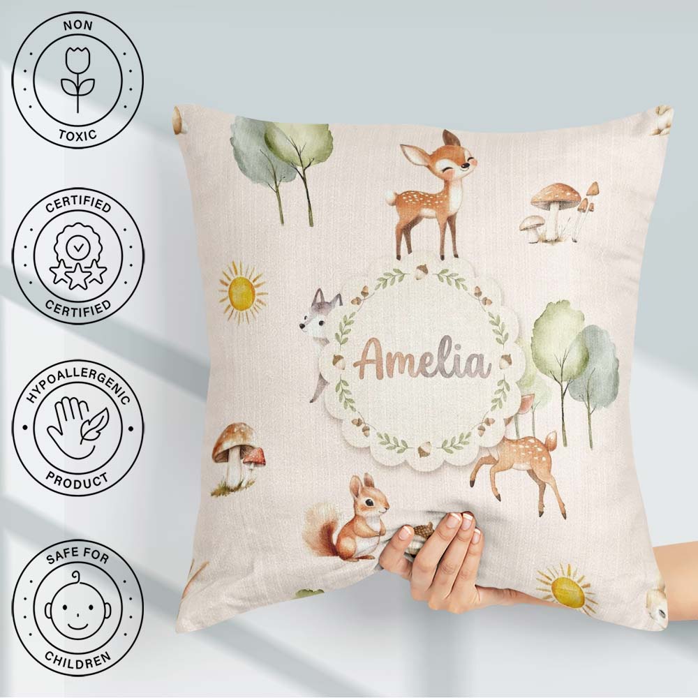 Custom Name Woodland Deer Fox Squirrel Mushroom Seamless Pattern Square Filled Cushion Throw Pillow Sofa Bed Home Decor Zip Washable UK Made
