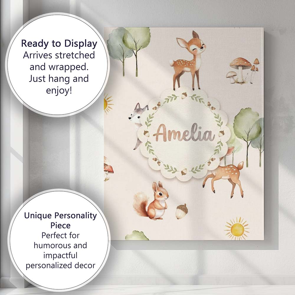 Personalised Name Woodland Deer Fox Squirrel Custom Bespoke  Contemporary Display Canvas Wall Art Print Decor Picture Ready to Hang