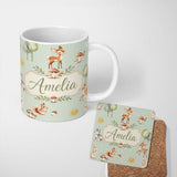 Personalized Custom Name Woodland Deer Fox Squirrel Mushroom Forest Seamless Pattern Sage 11oz Ceramic Coffee Tea Mug White Large Handle