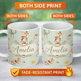 Personalized Custom Name Woodland Deer Fox Squirrel Mushroom Forest Seamless Pattern Sage 11oz Ceramic Coffee Tea Mug White Large Handle